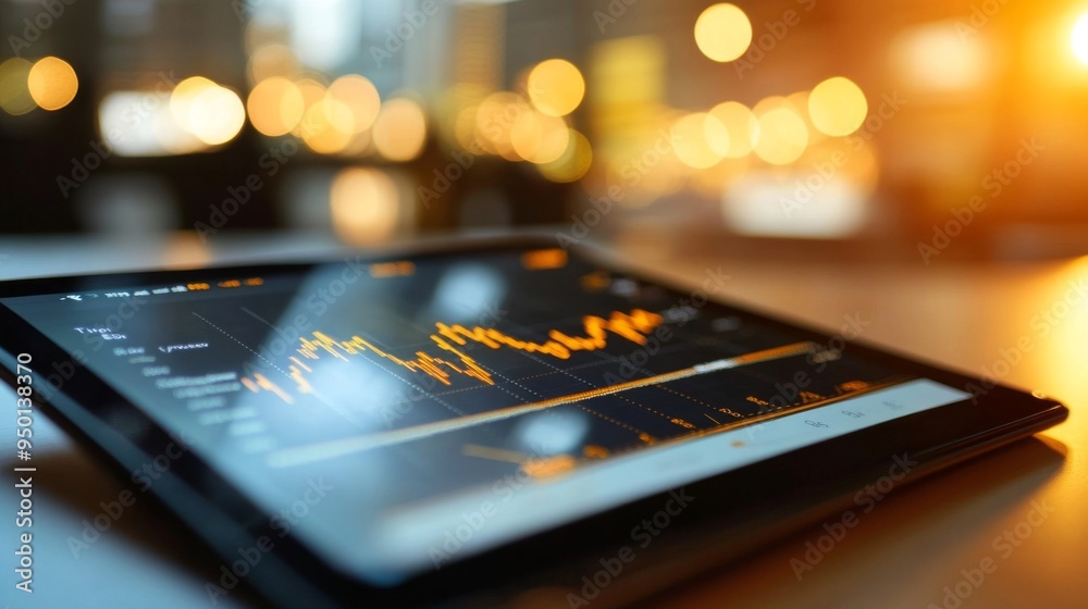 Poster a detailed shot of a gold price graph on a tablet screen, with fluctuating lines and indicators, set