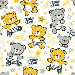 Vector seamless pattern with Cute Teddy Bears, stars and doodles. Childish Background with Little Bear. Vector Baby Funny Animals Drawing for fabric Print for Kids. Yellow, Gray and White Colors