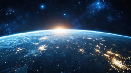 Fototapeta premium 3d render Beautiful night view of the planet Earth from space, with lights in cities on the horizon, creating a global illumination.