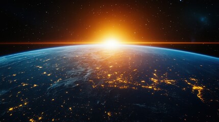 3d render Beautiful night view of the planet Earth from space, with lights in cities on the horizon, creating a global illumination.