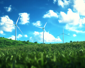 Wind turbines under a bright blue sky with scattered clouds, surrounded by lush green fields, generating renewable energy.