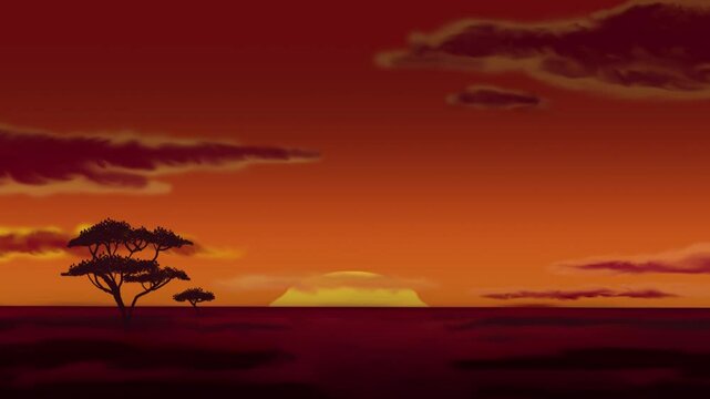 An animation of a sunset in the African savanna where the sky transforms into a vibrant orange palette spreading across the horizon