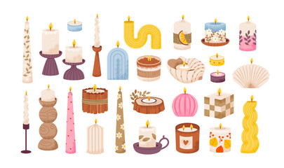 Various candles set. Scented candles of different shapes for a cozy atmosphere. Aromatherapy and relaxation. Flat vector illustration