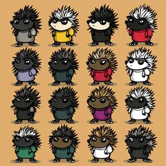 Naklejka premium A grid of cartoon hedgehogs in various colors and outfits, showcasing playful character design.