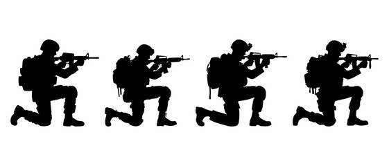 kneeling position firing male and female soldier silhouette black filled vector Illustration icon