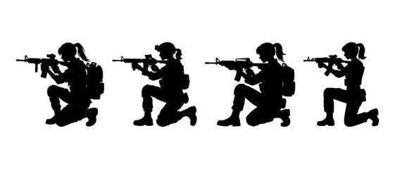 Modern female soldier pointing rifle vector silhouette black filled Illustration.