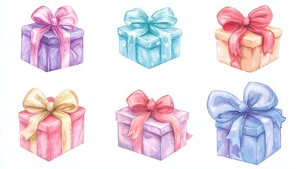 Colorful Watercolor Style Christmas Presents with Bows and Ribbons