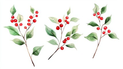 Cute Watercolor Mistletoe with Red Berries on Green Leaves for Holiday Decor
