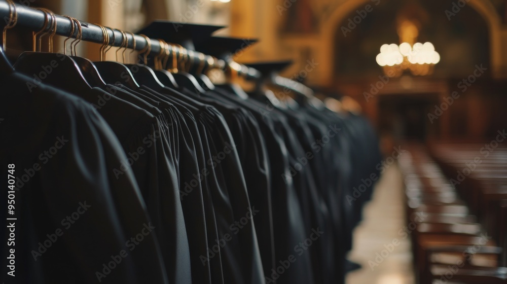 Poster a detailed shot of graduation gowns and caps neatly arranged on a rack, with an empty hall and chair