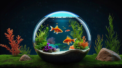 Beautiful goldfish swimming in round glass bowl aquarium.