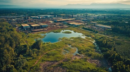 Obraz premium A stark contrast between a pristine wilderness and a sprawling industrial complex, illustrating the impact of human development.