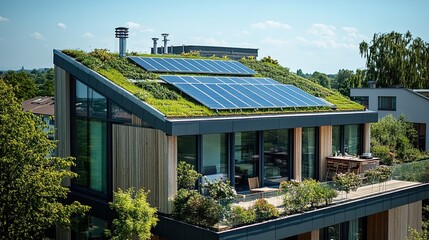 A modern, energy-efficient building with green roofs and solar panels, demonstrating sustainable architecture.