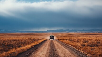 Fototapeta premium Pickup Truck Driving on a Dirt Road Through a Vast Desert Landscape
