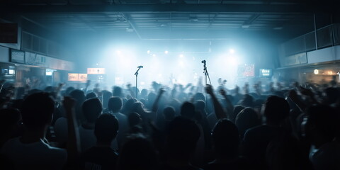 A crowd of people at a live event, concert, party, or a gig, participants of a live event venue. Wide format. Hand edited Generative AI. 