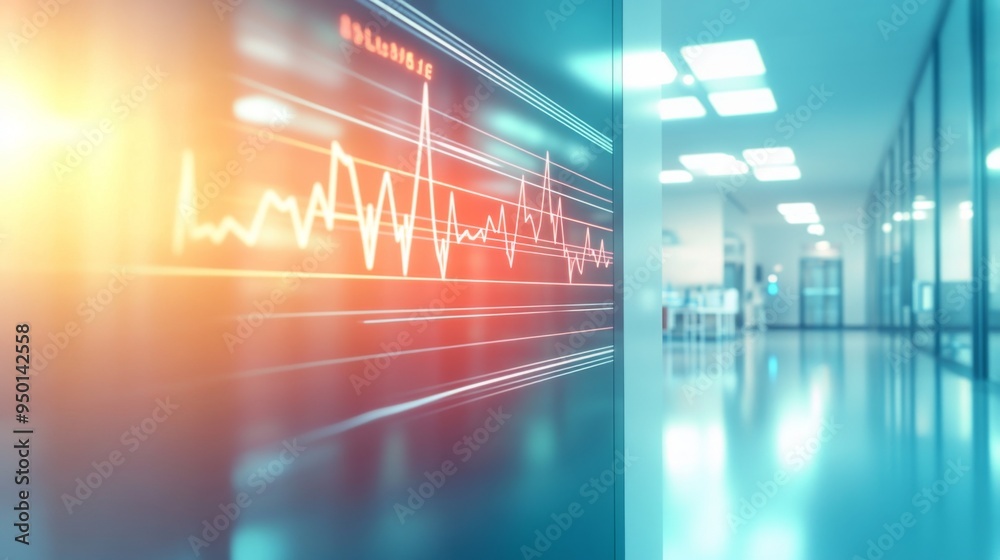 Fototapete A digital display of a heart rate graph with a steady rhythm, captured in a modern healthcare setting with clean lines and a bright background.