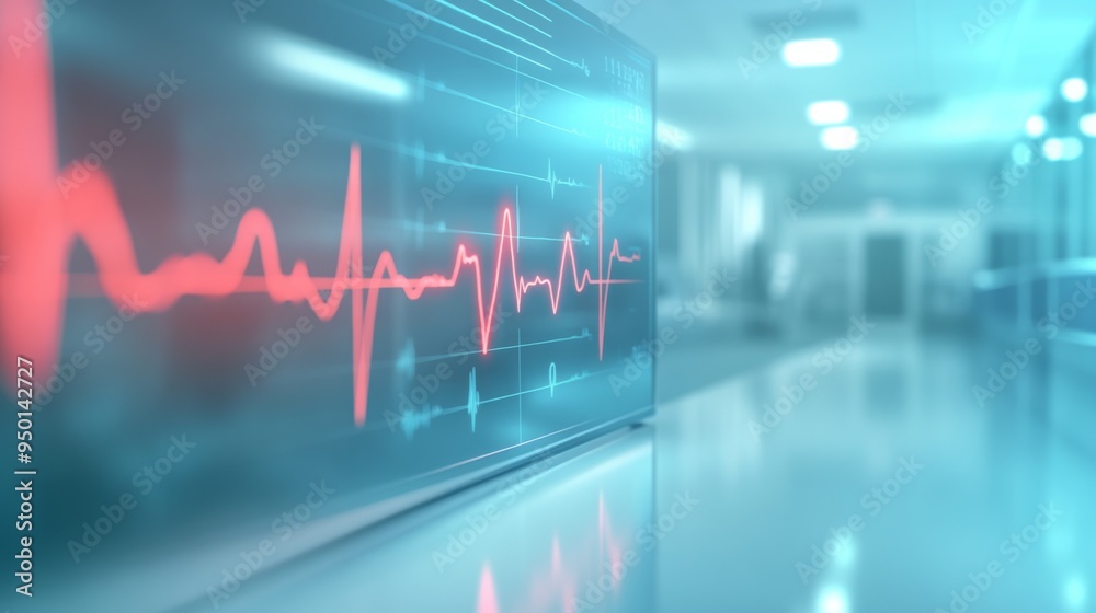 Fototapete A digital display of a heart rate graph with a steady rhythm, captured in a modern healthcare setting with clean lines and a bright background.