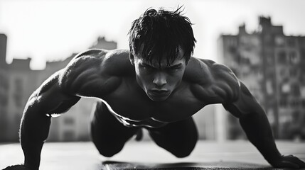 Muscular Athlete Performing Intense Push ups on Urban Rooftop in Black and White Moody Style