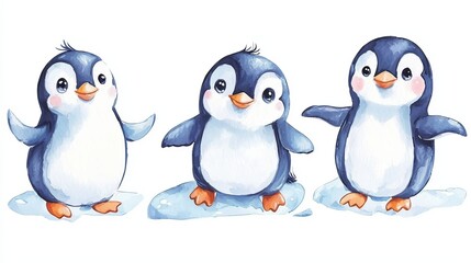 Fototapeta premium Whimsical Watercolor Penguin Trio Sliding on Ice with Joyful Expression