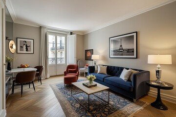Fototapeta premium Chic Parisian Studio with Minimalist Lounge Appeal and Trendy Decor