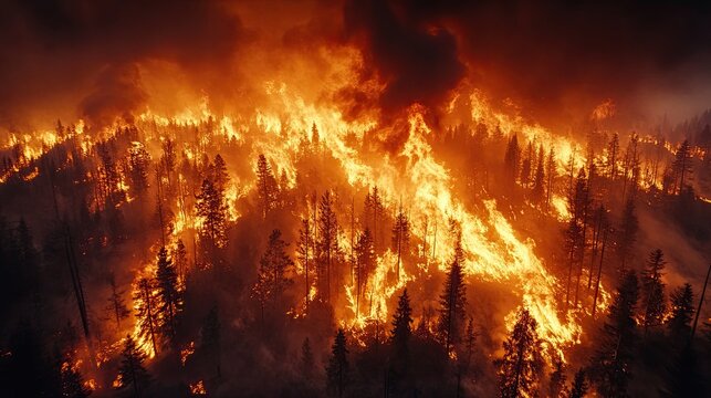 A raging forest fire consuming trees and leaving a scorched landscape behind.