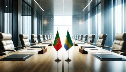 A modern conference room with Portugal and Gabon flags on a long table, symbolizing a bilateral meeting or diplomatic discussions between the two nations.