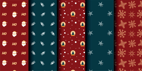 Fototapeta premium Set of Christmas vector seamless pattern. Merry Christmas and Happy New Year. Christmas symbols background. Vector red and blue seamless illustration