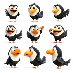 Obraz premium A collection of animated cartoon birds displaying various emotions and poses.
