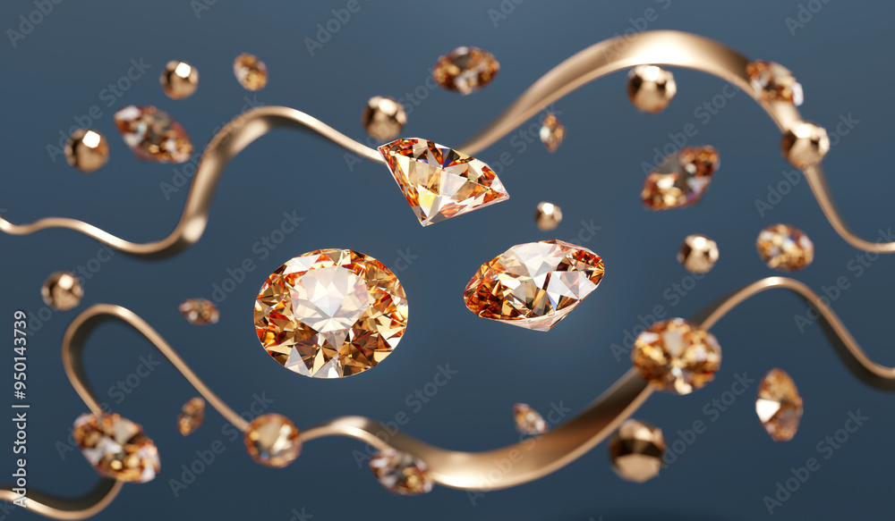 Wall mural round amber topaz diamonds gem falling background selective focus 3d rendering