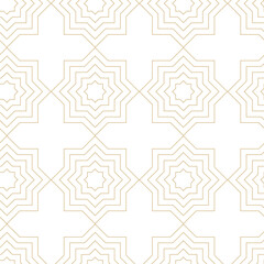 Abstract geometric pattern with crosses, stripes, lines. Seamless vector background. White and gold ornament. Modern reticulated graphic design.