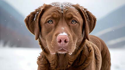 Chesapeake Bay Retriever in moutains, snow is falling