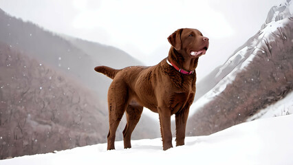 Chesapeake Bay Retriever in moutains, snow is falling