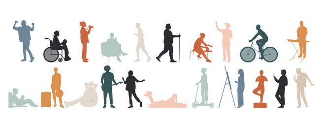 Different people are engaged in various types of leisure and relaxation. Set of different hobbies. Modern design.
