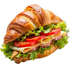 A freshly made croissant sandwich filled with tomato, cheese, and lettuce
