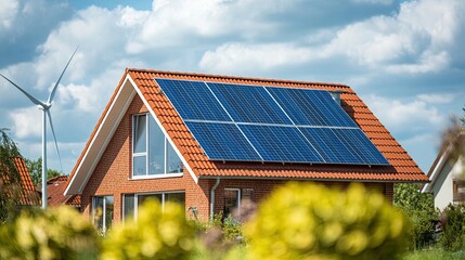 Fototapeta premium A family powering their home with solar panels and wind turbines, demonstrating off-grid living and energy independence.