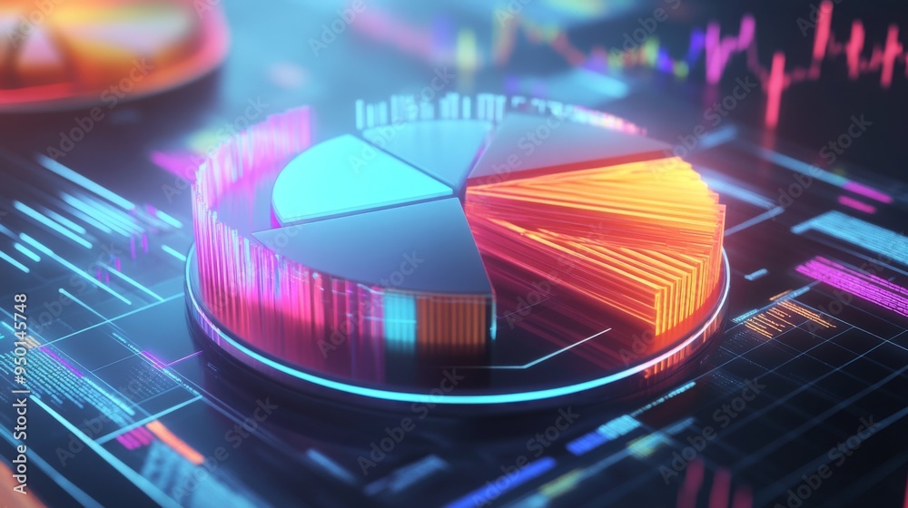 Poster A dynamic 3D pie chart with moving sections, set in a digital environment, emphasizing data flow and interactive analysis.