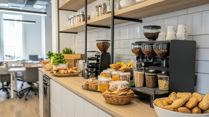 Modern office pantry with a coffee machine and snacks on the counter, Office refreshment area, Workplace amenities