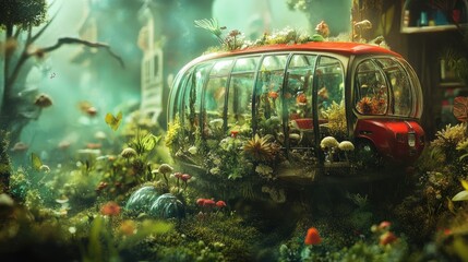 A Red and White Bus Overgrown with Plants and Flowers in a Forest