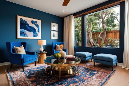 Stylish Coffee Table and Blue Armchair in Artistic Retreat Interior Design