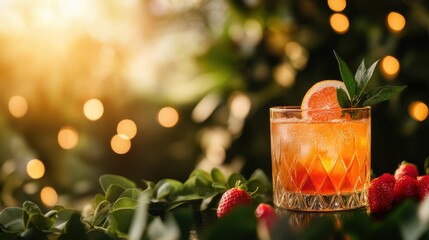 A refreshing cocktail garnished with fruit and mint, set against a vibrant background of bokeh lights.