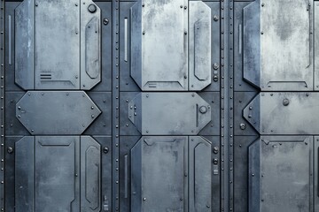 Metallic industrial panel with rivets and geometric shapes. Perfect for backgrounds, engineering concepts, or futuristic designs.