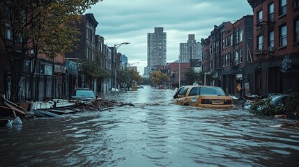 Floodwaters engulfing a once-bustling city street, showcasing the devastating power of rising sea levels.