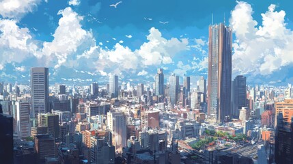 Fototapeta premium A dynamic cityscape with a focus on a landmark skyscraper, surrounded by other high-rise buildings and bustling streets, illustrating the energy of the city center.