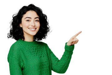 Hyperrealistic digital portrait of a smiling young woman with curly black hair, wearing a green sweater and pointing with one hand, high detail, PNG format, isolated on transparent background