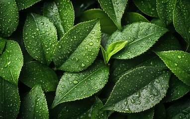 Fototapeta premium Visualize a closeup of tea leaves with rich detail, emphasizing their intricate veins, texture, and natural beauty