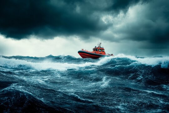 Rescue boat navigating rough ocean waves under a stormy sky. Represents bravery, maritime rescue missions, and challenging sea conditions.