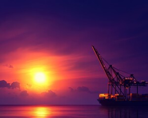 Obraz premium A striking crane silhouette against a vibrant sunset, reflecting on calm waters, symbolizing industry and tranquility.