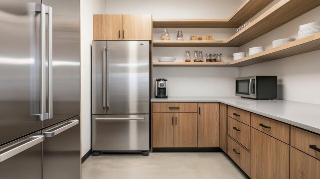 Office pantry with a large fridge, microwave, and storage space, Complete office kitchen, Workplace convenience