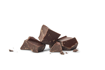 Macro photography of broken dark brown chocolate chunks scattered against a white background. Isolated chocolate pieces in PNG format, showcasing rich texture and sweet confectionery details
