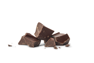 Macro photography of broken dark brown chocolate chunks scattered against a white background. Isolated chocolate pieces in PNG format, showcasing rich texture and sweet confectionery details