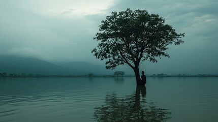 A lone survivor clinging to a tree amidst a flooded landscape, highlighting the human cost of natural disasters.